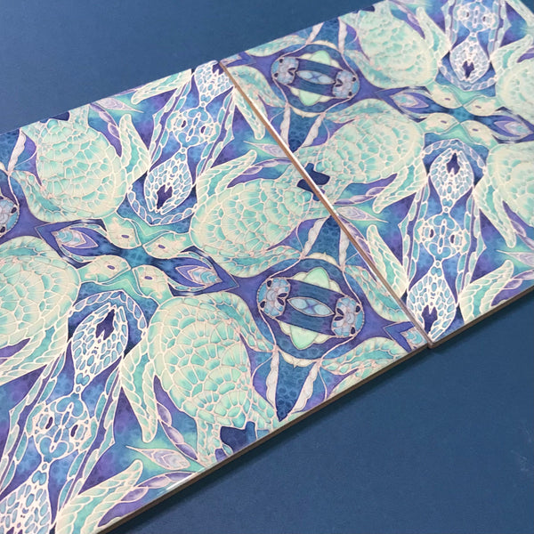 Turtles Waltz Blue Aqua Green Ceramic Tiles -  Ceramic Hand Printed Tiles