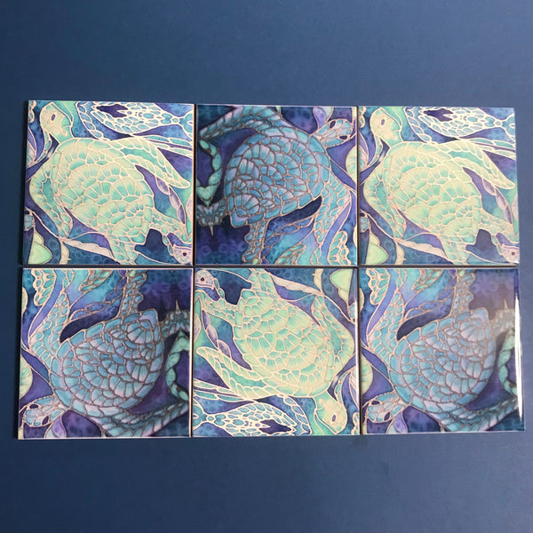 Blue Aqua Turtle Mix Small 6” Square Tiles -  Ceramic Bathroom Kitchen Hand Printed Tiles