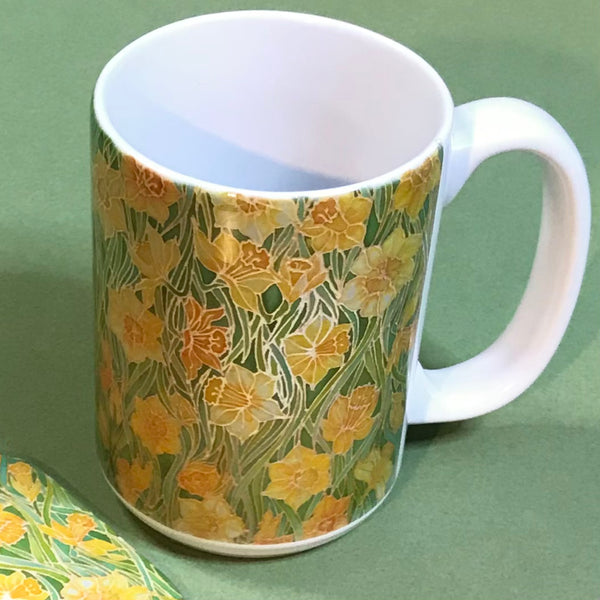 Extra Large Daffodils Mug. Yellow Green mugs in BIG & standard sizes.  mug & coaster box set. nature lovers gift set. Gardeners gift. flower lovers gift. gift for him. gift for teacher. gift for her. tea coffee lovers gift.