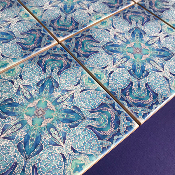 Blue turtle mandala tiles 6x6” squares with a smooth shiny surface, gorgeous aqua ultramarine & royal blue shades, hand printed by Meikie in her Studio. Perfect for a bathroom makeover as a full wall, border or individual tiles set into plain tiles.