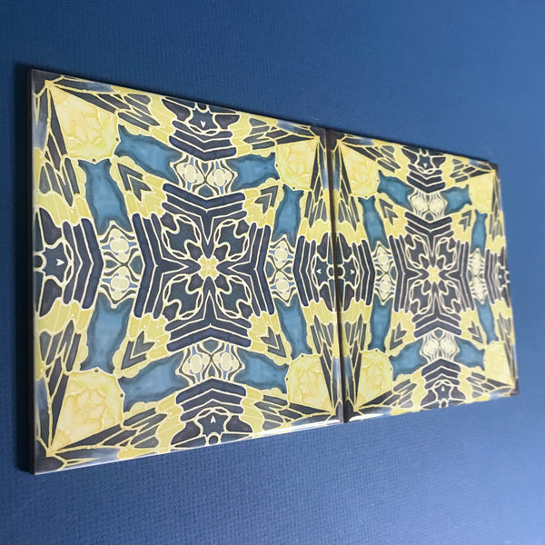 Contemporary Butterfly Moth Tiles - Primrose Yellow & Petrol Blue Ceramic Tiles - Beautiful Bohemian Printed Tiles