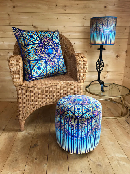 SOLD Stunning Cathedral Window Round Footstool with storage - one off Bespoke Upholstery.