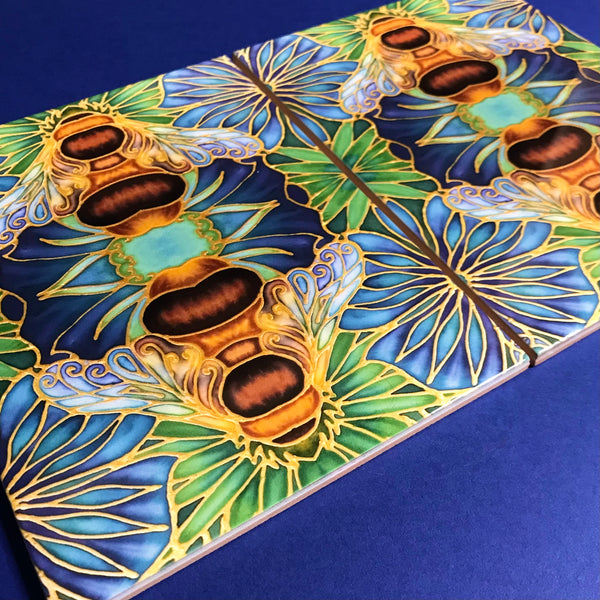 Blue green square 6x8” bee tiles. Honey bee bathroom tiles. Bumble bee kitchen tiles. bathroom remodel. kitchen makeover. Hand printed by Meikie