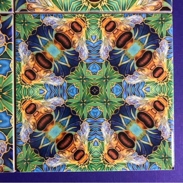 Blue green square 6x6”  mixed design bee tiles. Honey bee bathroom tiles. Bumble bee kitchen tiles. bathroom remodel. kitchen makeover. Hand printed by Meikie
