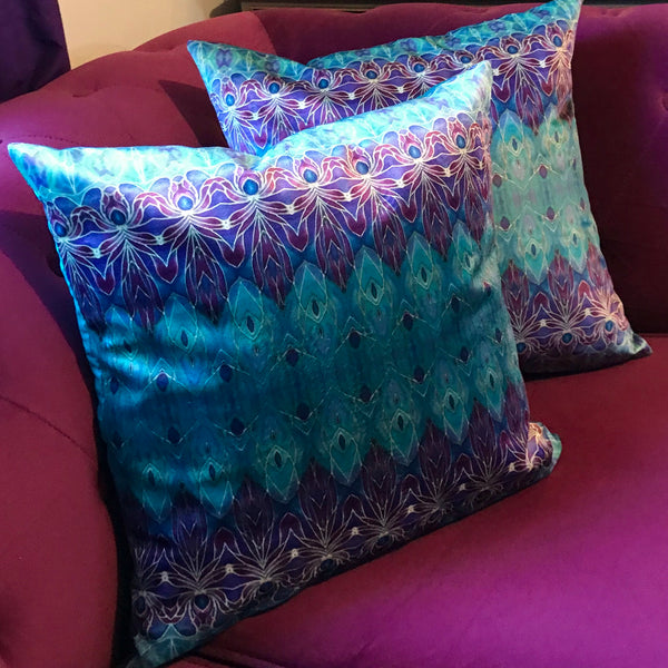 Persian inspired ornate patterned velvet cushions, Mediterranean blue and purple super soft luxurious decorative throw pillows