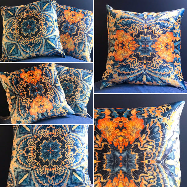 Contemporary Grey Blue Orange Velvet Cushions - Dramatic Moth Kaleidoscope Design Luxury Velvet Cushions