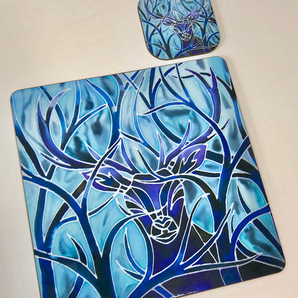 Blue Stag square table mats and matching coasters - hard wearing durable mats - 28x28cm  placemats in blue and aqua -gift for woodland, forest, tree and wildlife lovers. 
Square Stag place Mat - Stag Table Mats and Coasters