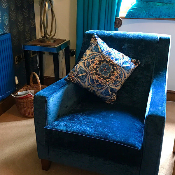 Contemporary Grey Blue Orange Velvet Cushions - Dramatic Moth Kaleidoscope Design Luxury Velvet Cushions