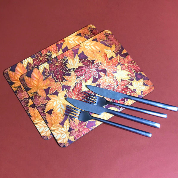 Terracotta Leaves Placemats & Coasters - Caramel Table Mats  - Heatproof glass chopping boards