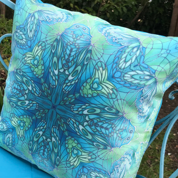 Sea Green Butterfly Showerproof Cushion - Showerproof Garden Cushions - Blue green turquoise Cushion