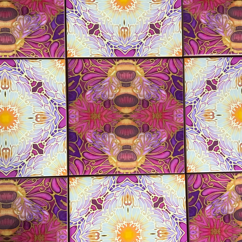 Bees and Daisy Flowers Mixed Tiles Set - Plum Purple Gold Tiles - Beautiful Tile - Bohemian Tiles