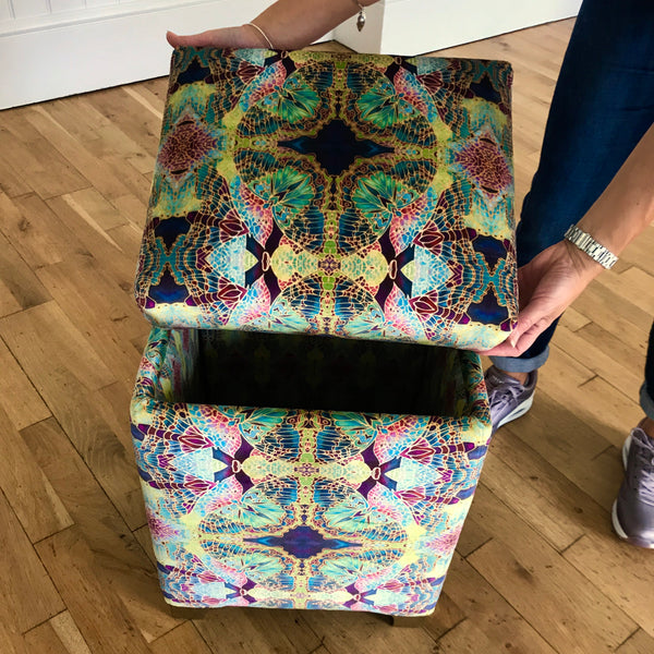 SOLD Sumptuous luxury velvet footstool with storage -  green velvet stool with storage - one off Bespoke Upholstery.