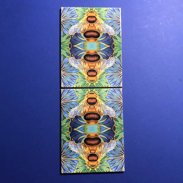 Blue green square 6x8” bee tiles. Honey bee bathroom tiles. Bumble bee kitchen tiles. bathroom remodel. kitchen makeover. Hand printed by Meikie
