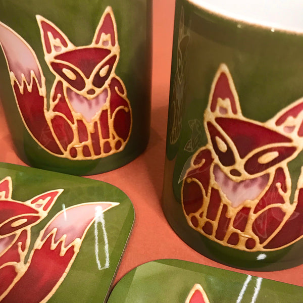 Cute Fox Mug & Coaster - Fox Mug Box Set - Green Red Fox Mug - Fox Lovers Mug Gift