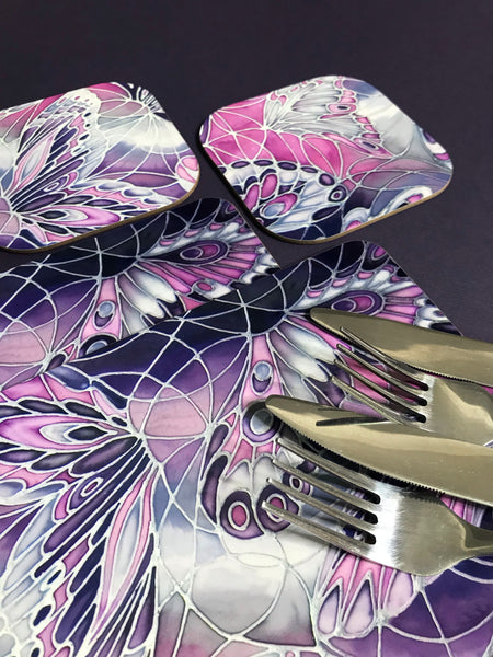 Purple Grey Placemats & Coasters - High Quality Table Mats - Purple Butterfly Tableware