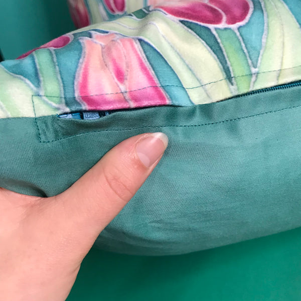 Pink Tulips cushion - printed onto suedette fabric - pink and mint green colours