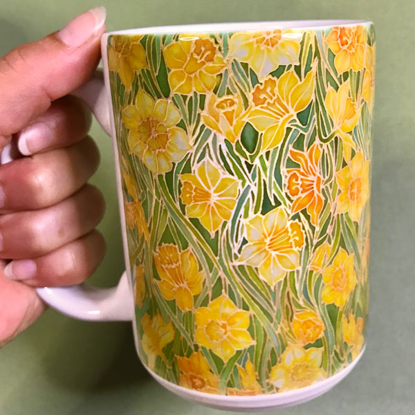 Extra Large Daffodils Mug. Yellow Green mugs in BIG & standard sizes.  mug & coaster box set. nature lovers gift set. Gardeners gift. flower lovers gift. gift for him. gift for teacher. gift for her. tea coffee lovers gift.