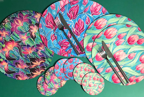 Mixed Set of 6 Flowers Table Mats and Coasters - Irises Placemats & Coasters -  Pink Green Purple Table Mats