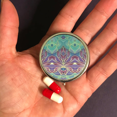 Turkish Blue Purple Persian Orchid Pill Box - pretty Round Trinket Box - Stud Earing Jewellery Box