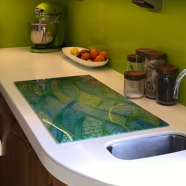 Stunning Extra Large Green Glass Counter Saver - Lime Mint Aqua Worktop Protector