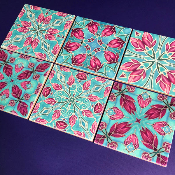 Pink Magnolias Kaleidoscope Mixed Set of Bathroom Tiles - Bright Bohemian Kitchen Tiles