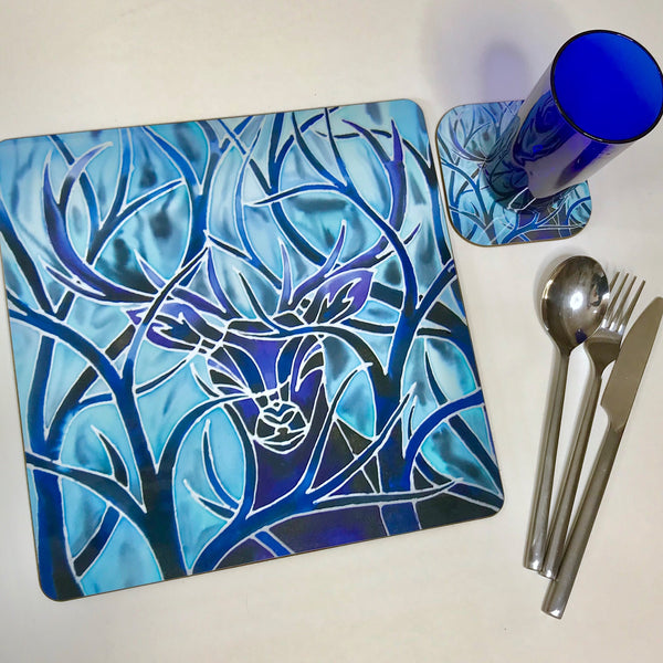Blue Stag square table mats and matching coasters - hard wearing durable mats - 28x28cm  placemats in blue and aqua -gift for woodland, forest, tree and wildlife lovers. 
Square Stag place Mat - Stag Table Mats and Coasters