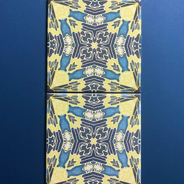 Contemporary Butterfly Moth Tiles - Primrose Yellow & Petrol Blue Ceramic Tiles - Beautiful Bohemian Printed Tiles