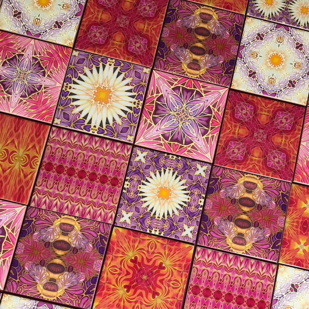 Clementine Rose Set of 20 Ceramic Tiles - Bohemian Blue Pink and Gold Warm Gentle Bohemian Kitchen Tiles