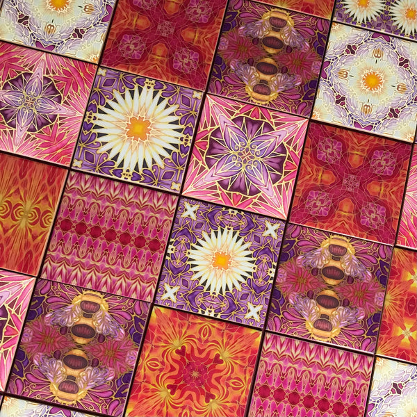 Clementine Rose Set of 20 Ceramic Tiles - Bohemian Blue Pink and Gold Warm Gentle Bohemian Kitchen Tiles