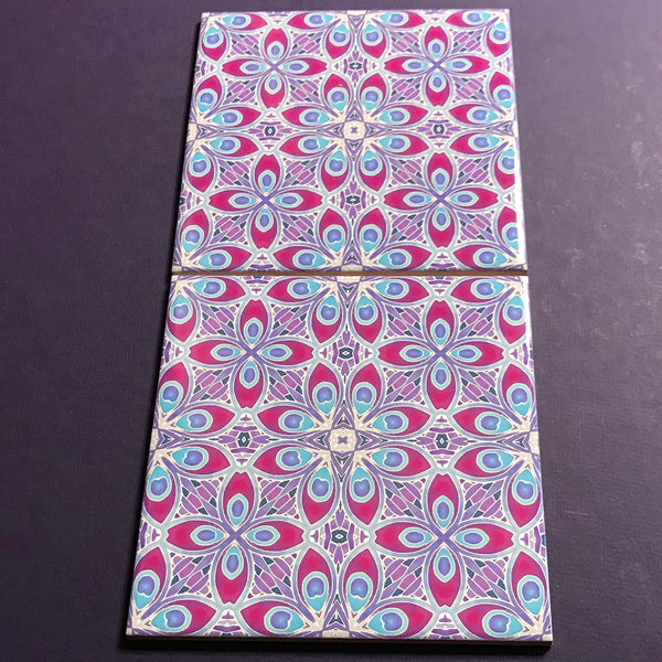 Lavender Plum Eye of the Peacock Feather Tiles - Blue Lilac Tiles  - Bohemian Nouveau Ceramic Hand Printed Tiles