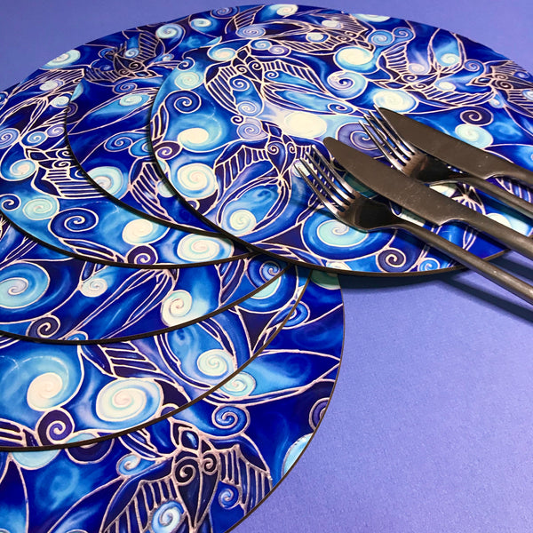 Table Mats Cobolt Blue -  Blue Swallows Place Mats - Blue Glass Chopping Boards -Swallows Coasters