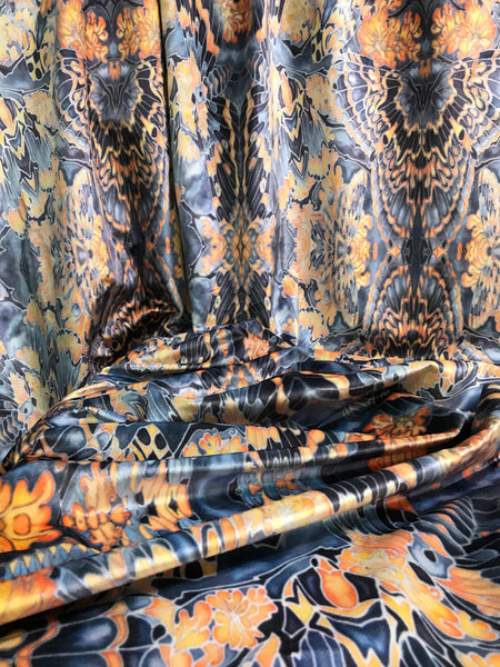 Contemporary Charcoal Orange Butterfly Moth Designer Luxury Velvet fabric for curtains, upholstery and soft furnishings