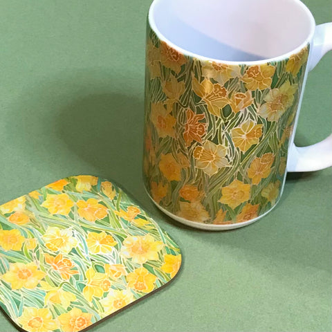 Extra Large Daffodils Mug. Yellow Green mugs in BIG & standard sizes.  mug & coaster box set. nature lovers gift set. Gardeners gift. flower lovers gift. gift for him. gift for teacher. gift for her. tea coffee lovers gift.