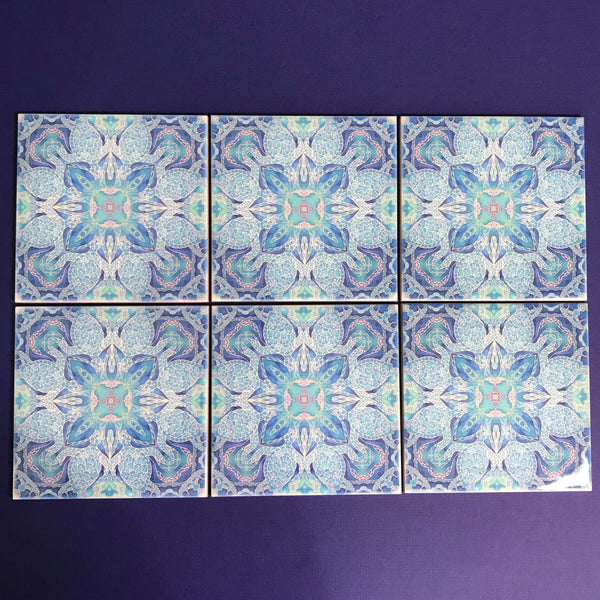 Blue turtle mandala tiles 6x6” squares with a smooth shiny surface, gorgeous aqua ultramarine & royal blue shades, hand printed by Meikie in her Studio. Perfect for a bathroom makeover as a full wall, border or individual tiles set into plain tiles.
