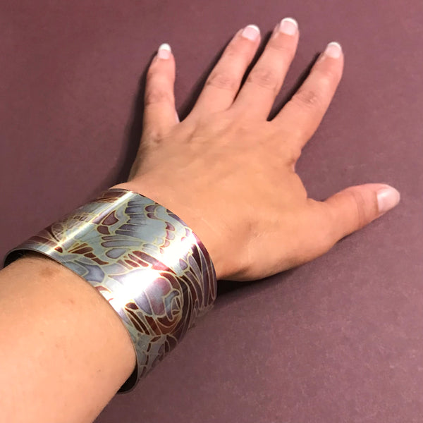 Chocolate Grey Lilac Moth Cuff Bracelet - Comtemporary Mocha Bangle - easy wear lightweight aluminium.