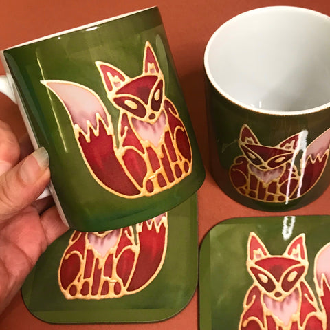 Cute Fox Mug & Coaster - Fox Mug Box Set - Green Red Fox Mug - Fox Lovers Mug Gift