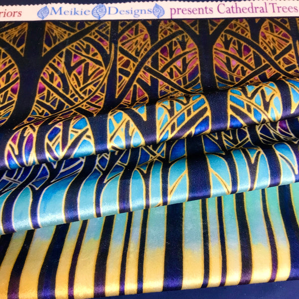 Turquoise Blue Red Purple Yellow and Gold Designer Velvet Curtain Fabric, Cathedral Trees, Order by Drop Length Needed