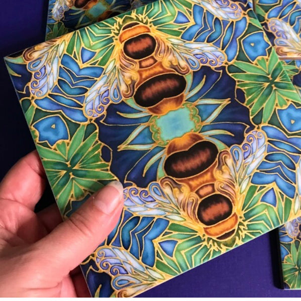 Blue green square 6x6”  mixed design bee tiles. Honey bee bathroom tiles. Bumble bee kitchen tiles. bathroom remodel. kitchen makeover. Hand printed by Meikie