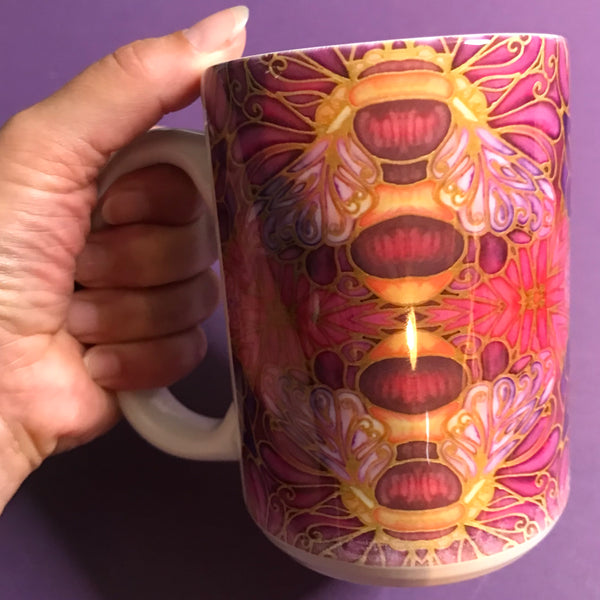 Plum Gold Bees Extra Large Mug and Coaster - Blue Turquoise Mug Set - Mug Gift