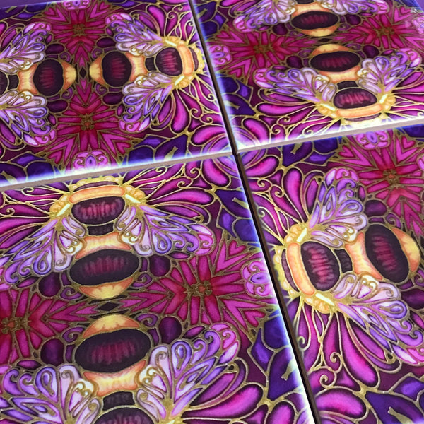 Plum gold square 6x6” bee tiles. Honey bee bathroom tiles. Bumble bee kitchen tiles. bathroom remodel. kitchen makeover. Hand printed by Meikie