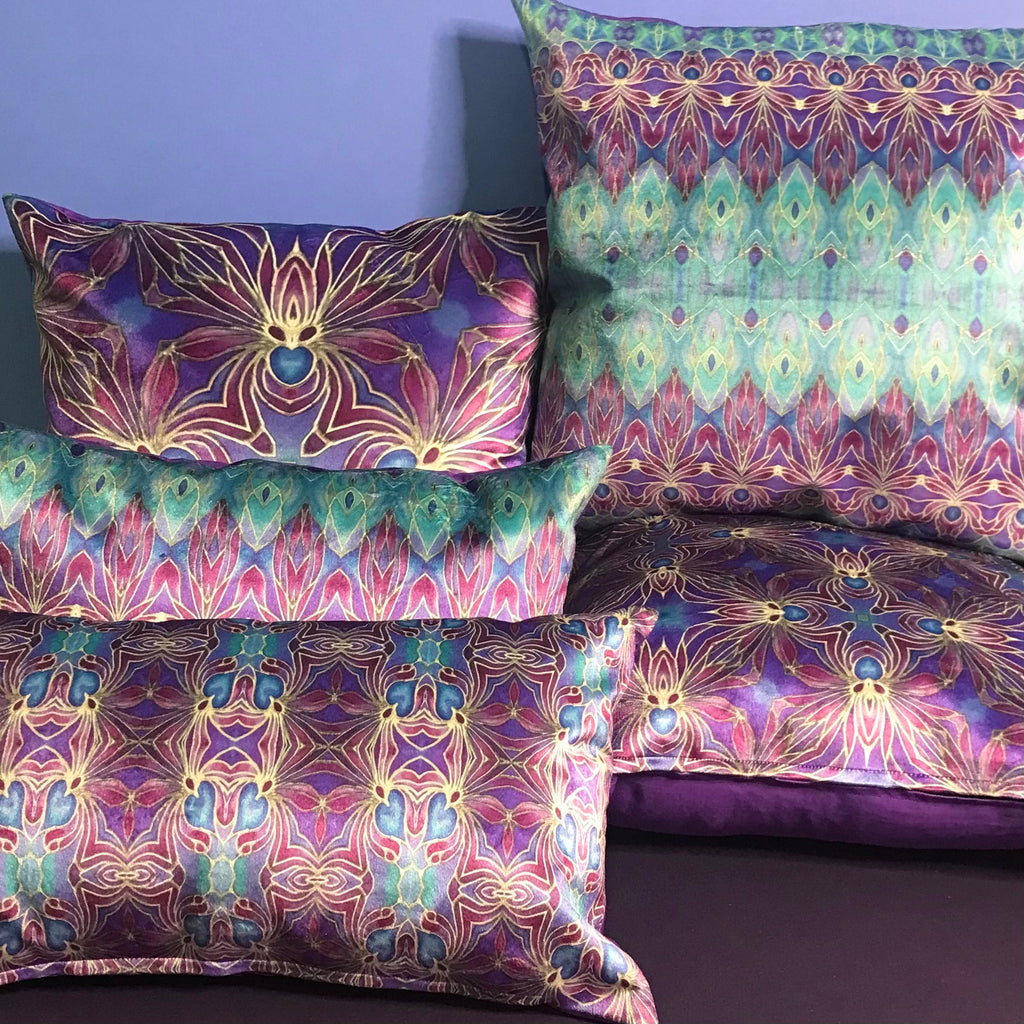 Set of Five Persian Orchid Purple and Turkish Blue  Luxury Velvet Cushions - Mediterranean Coloured Patterned Kaleidoscope Design