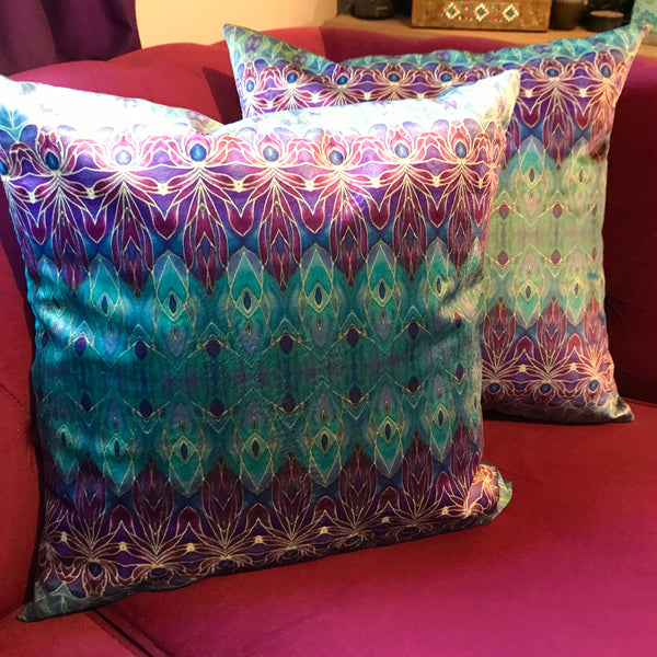 Persian inspired ornate patterned velvet cushions, Mediterranean blue and purple super soft luxurious decorative throw pillows