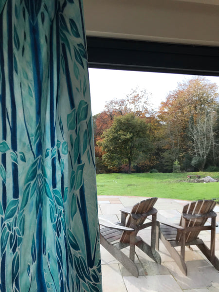 Turquoise Blue Trees Designer Luxury Velvet Curtain Fabric by the Drop Length Needed