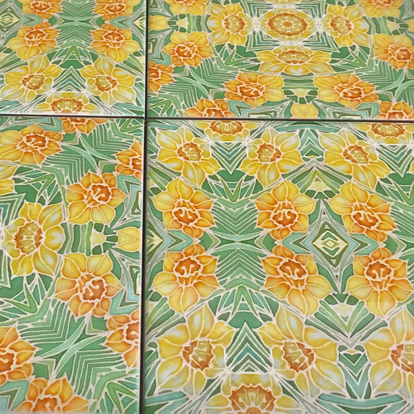 Yellow Daffodils Mixed Set of Bathroom Tiles - Arts and Crafts Look Bright Bohemian Kitchen Tiles