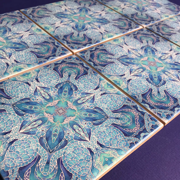 Blue turtle mandala tiles 6x6” squares with a smooth shiny surface, gorgeous aqua ultramarine & royal blue shades, hand printed by Meikie in her Studio. Perfect for a bathroom makeover as a full wall, border or individual tiles set into plain tiles.