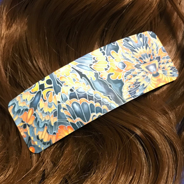 Grey Orange Charcoal Butterflies Moth Large hair clip, barette, hairslide, stocking filler, gift for her, gift for woman, gifts for girls, pretty presents.
