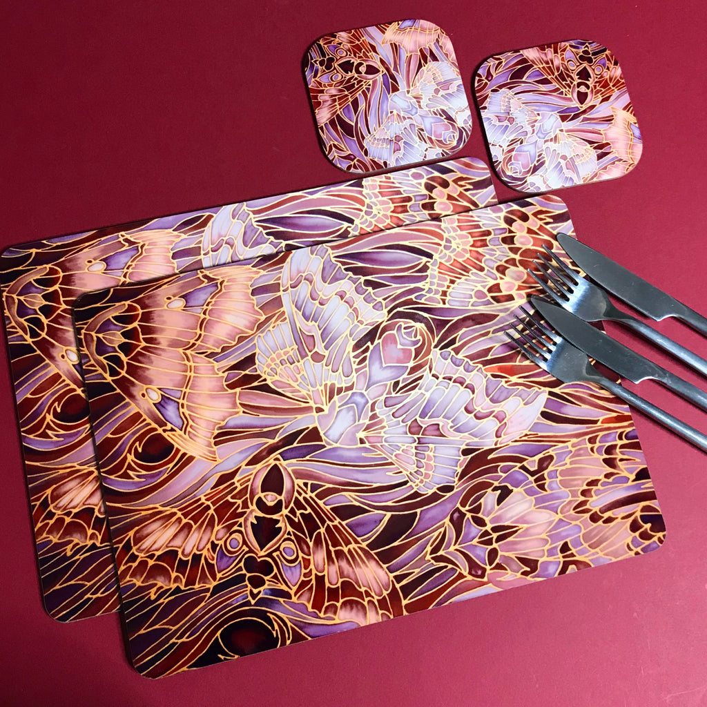 Moths Placemats & Coasters - Chocolate Lilac Grey Table Mats - glass chopping boards