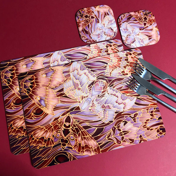 Moths Placemats & Coasters - Chocolate Lilac Grey Table Mats - glass chopping boards
