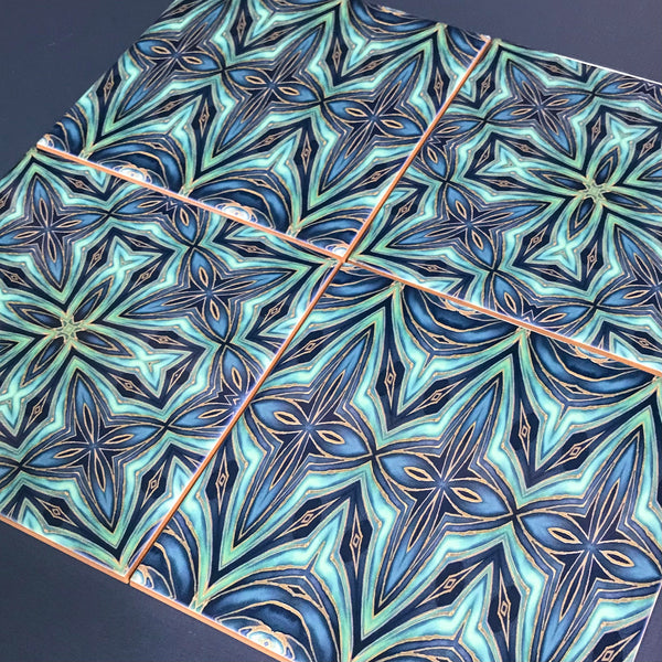 Mixed Set of Blue Teal Geometric Fusion Tiles -  Ceramic Hand Printed Bathroom Kitchen Tiles