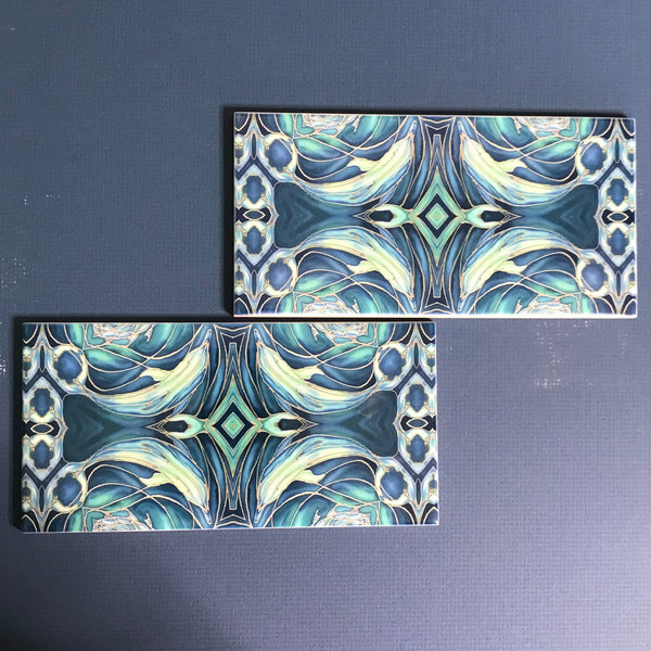 Blue Teal Dolphin Rectangular Tiles -  Ceramic Metro Brick Shaped Hand Printed Bathroom Kitchen Tiles